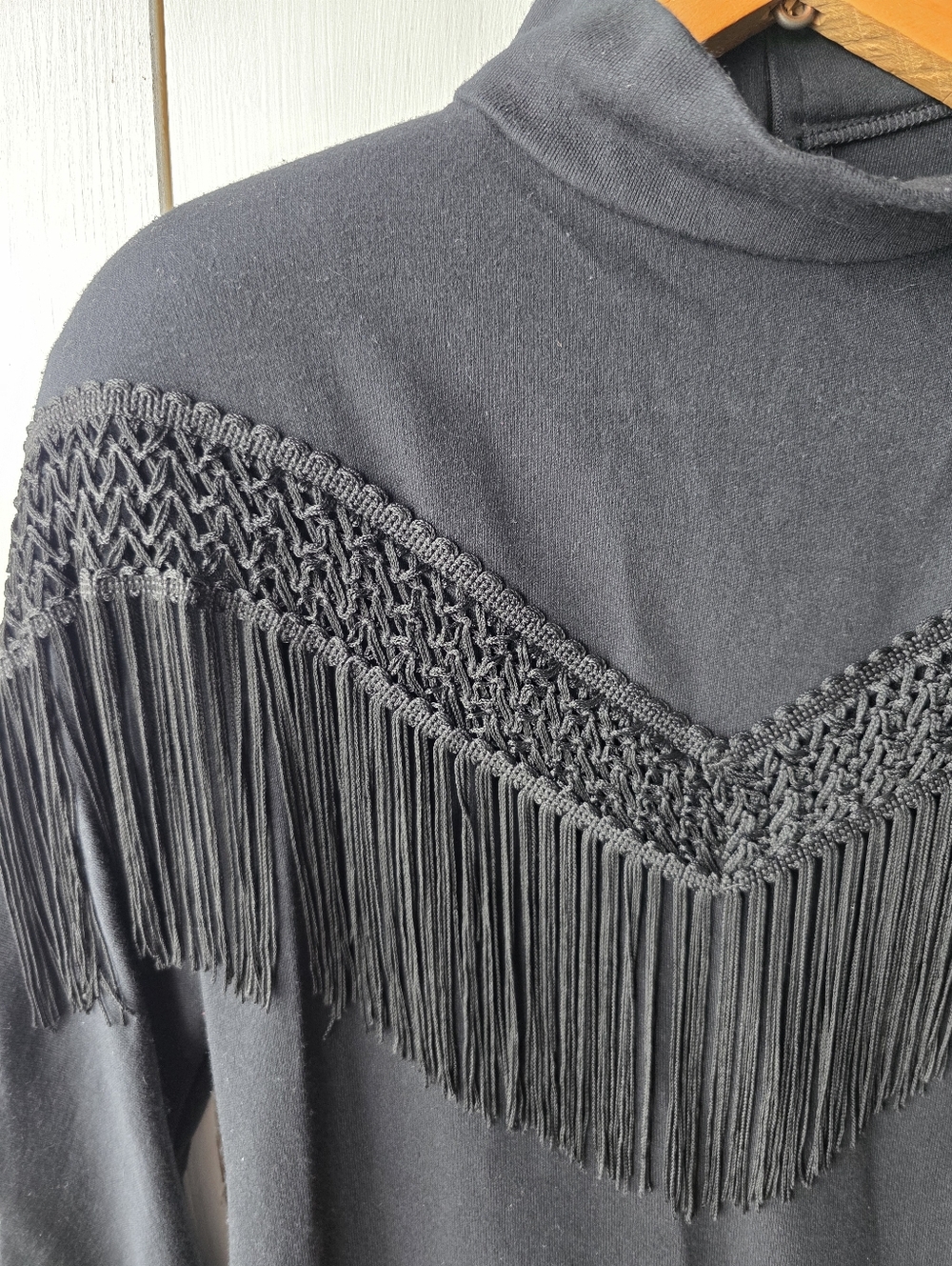 UXL Vintage 80s Black Long Sleeve Fringe Turtleneck Pencil Dress Size 11/12 - Picture 4 of 10